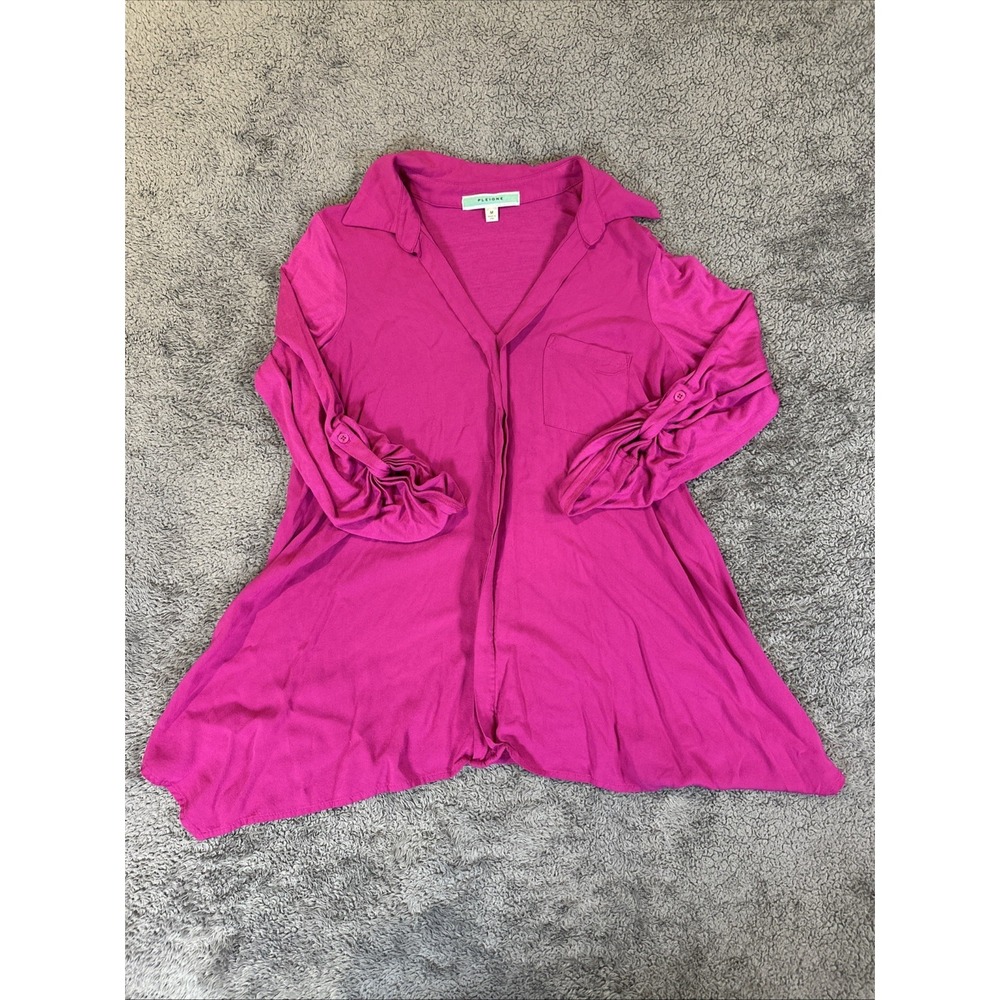 Pleione Women's Pink V Neck Long Sleeve Collared Stretch Blouse Top Size Medium